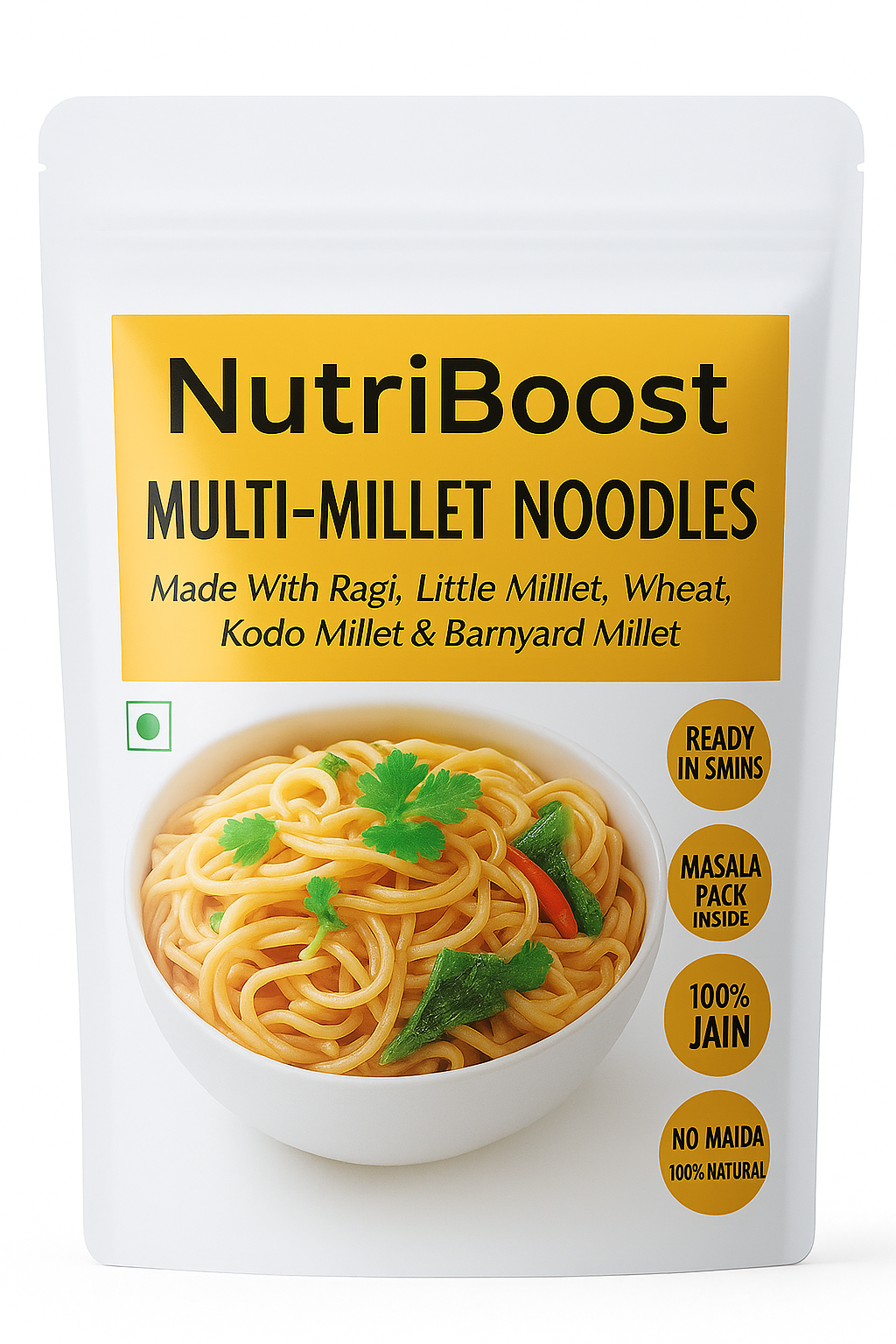 Nutriboost Multi Millet Noodles | 6 Supergrains – Ragi, Bajra, Little, Kodo & Barnyard Millet, Whole Wheat | No Maida, Non-Fried, Vegan, Preservative Free | Tastemaker Inside | 180g Pack of 1