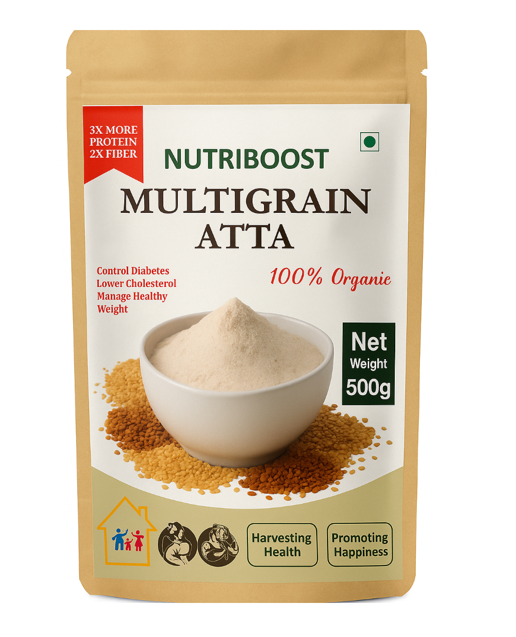 Nutriboost Gluten Free Multigrain Atta(Wheat Free) 500 gm | Multi Grain Flour|Diet Food For Weight Loss | Sugar Control for Diabetics | Gluten Free Atta